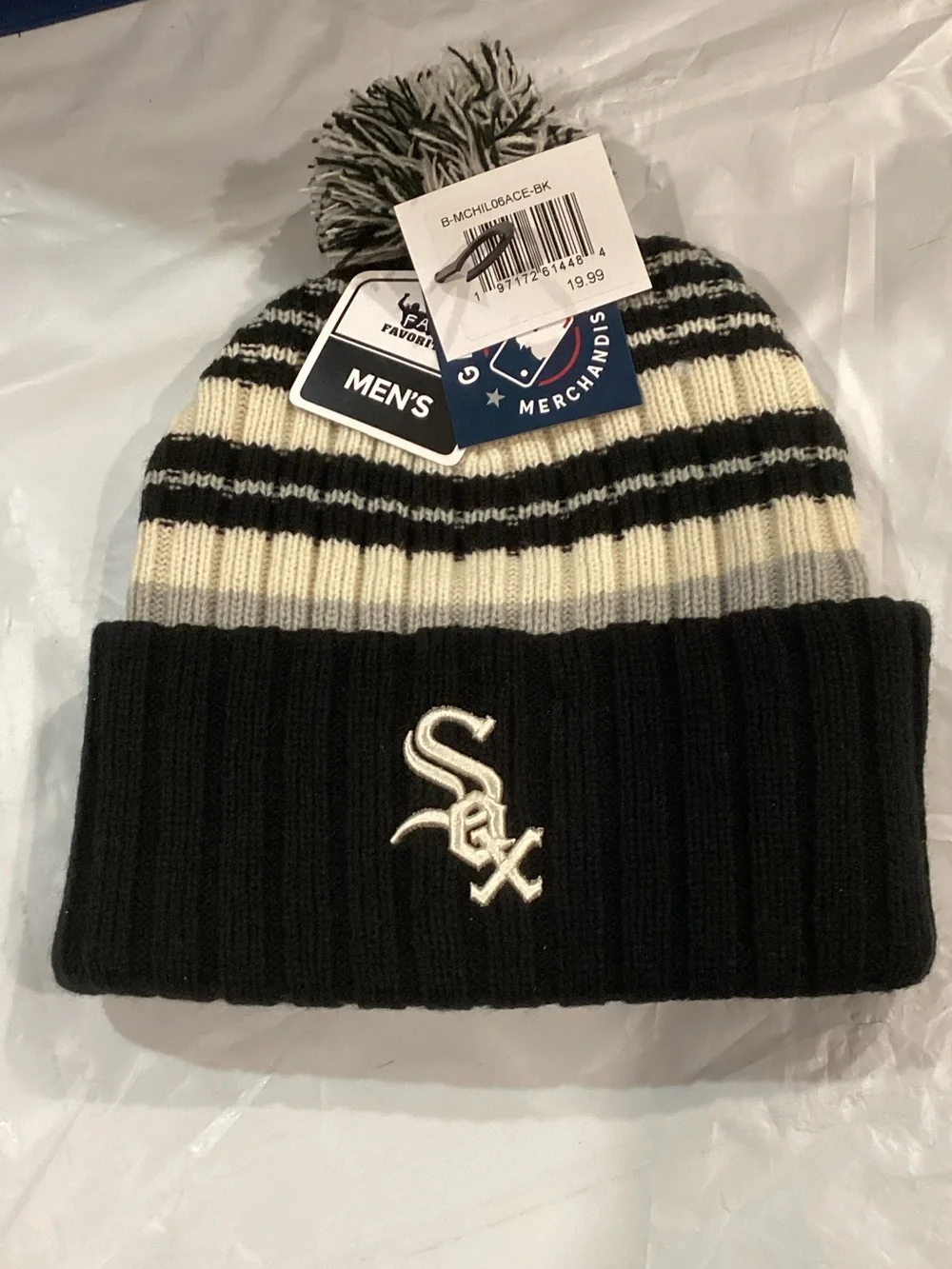 Chicago White Sox Men’s Stripe Pom Cuffed Beanie Black Cream Gray NWT
